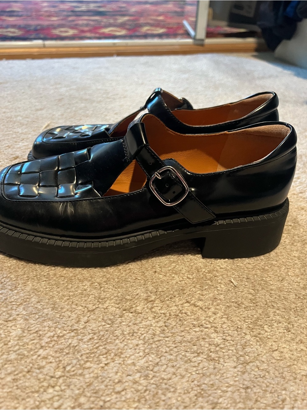 Women’s. Black T-Strap Woven Leather Chunky Shoes - Picture 3 of 15